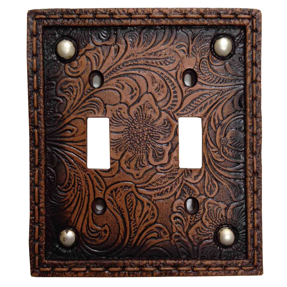Hiend Accents Tooled Resin Studded Double Wall Switch Plate - Rustic Elegance With Floral Design & Silver Rivets Brown Resin Wd8004-ds-oc