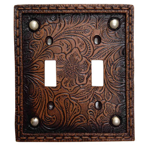 Hiend Accents Tooled Resin Studded Double Wall Switch Plate - Rustic Elegance With Floral Design & Silver Rivets Brown Resin Wd8004-ds-oc