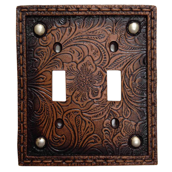 Hiend Accents Tooled Resin Studded Double Wall Switch Plate - Rustic Elegance With Floral Design & Silver Rivets Brown Resin Wd8004-ds-oc