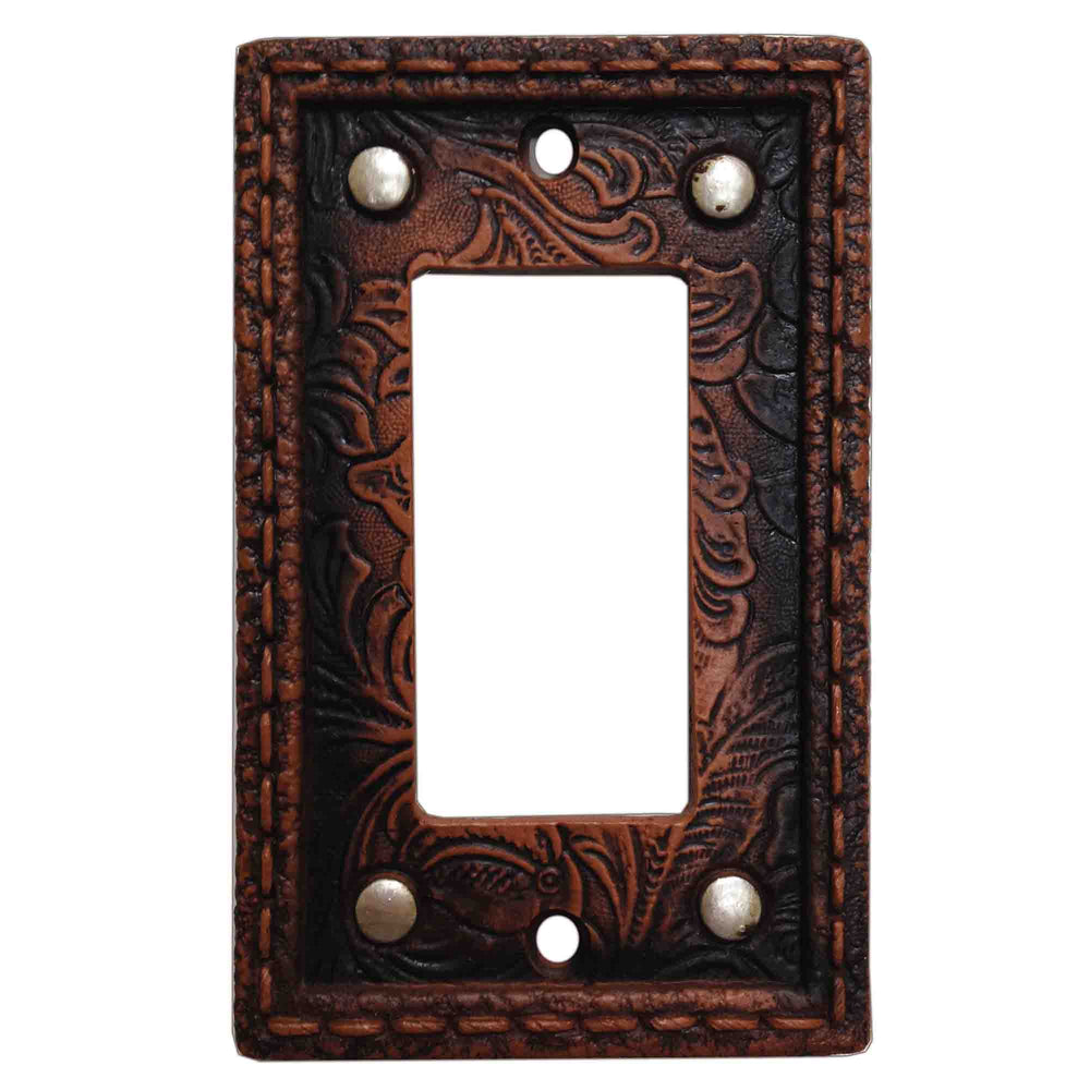 Hiend Accents Tooled Resin Studded Single Rocker Wall Switch Plate - Rustic Floral Design For Stylish Decor Brown Resin Wd8004-sr-oc