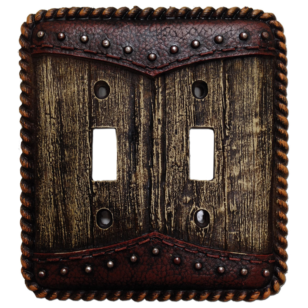 Hiend Accents Woodgrain Double Wall Switch Plate - Rustic Charm With Leather Accents And Aged Barnwood Finish Multi Resin Wd8006-ds-oc