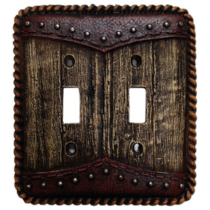 Hiend Accents Woodgrain Double Wall Switch Plate - Rustic Charm With Leather Accents And Aged Barnwood Finish Multi Resin Wd8006-ds-oc