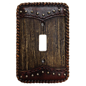 Hiend Accents Woodgrain Double Yoke Wall Switch Plate - Rustic Aged Barnwood Design With Western Accents Multi Resin Wd8006-ss-oc