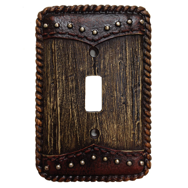 Hiend Accents Woodgrain Double Yoke Wall Switch Plate - Rustic Aged Barnwood Design With Western Accents Multi Resin Wd8006-ss-oc