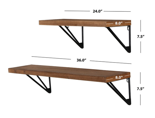Safavieh BANRIA, Rustic-Industrial Wall Shelves Set of 2 - 36" & 24" Brown Wood and Black Metal Decor WDC5000A
