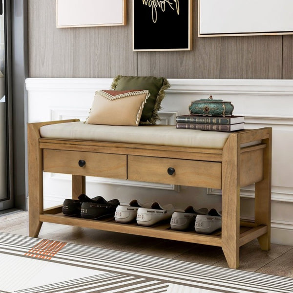 English Elm Trexm Farmhouse Pine Entryway Bench with Cushioned Seat Drawers and Shoe Rack Old Pine WF195386AAD
