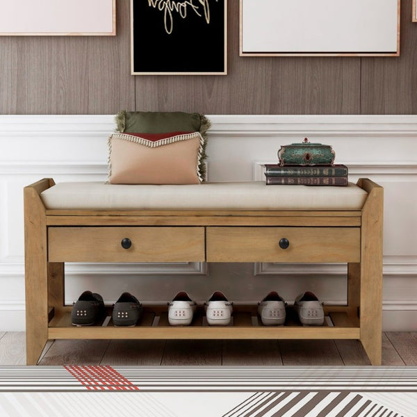 English Elm Trexm Farmhouse Pine Entryway Bench with Cushioned Seat Drawers and Shoe Rack Old Pine WF195386AAD