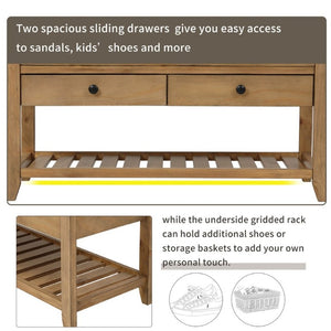 English Elm Trexm Farmhouse Pine Entryway Bench with Cushioned Seat Drawers and Shoe Rack Old Pine WF195386AAD