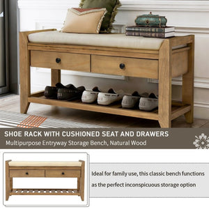 English Elm Trexm Farmhouse Pine Entryway Bench with Cushioned Seat Drawers and Shoe Rack Old Pine WF195386AAD