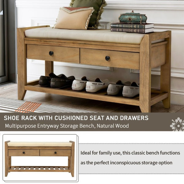 English Elm Trexm Farmhouse Pine Entryway Bench with Cushioned Seat Drawers and Shoe Rack Old Pine WF195386AAD