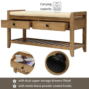 English Elm Trexm Farmhouse Pine Entryway Bench with Cushioned Seat Drawers and Shoe Rack Old Pine WF195386AAD