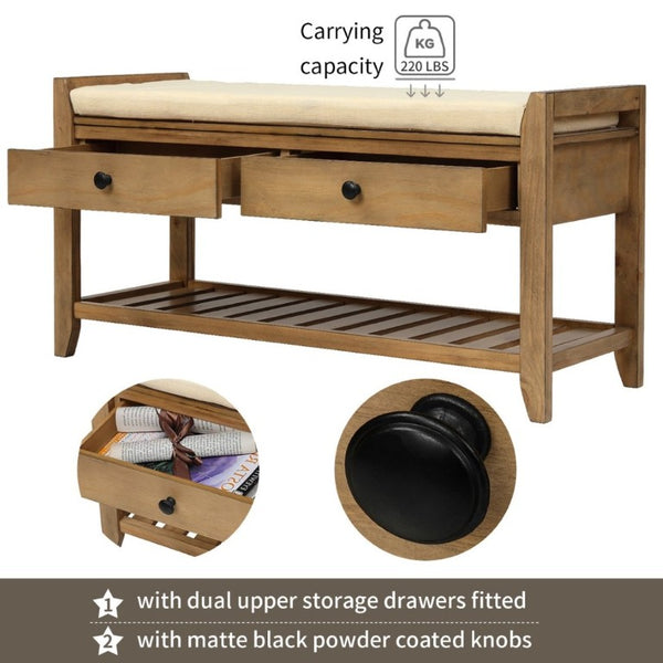 English Elm Trexm Farmhouse Pine Entryway Bench with Cushioned Seat Drawers and Shoe Rack Old Pine WF195386AAD
