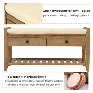 English Elm Trexm Farmhouse Pine Entryway Bench with Cushioned Seat Drawers and Shoe Rack Old Pine WF195386AAD