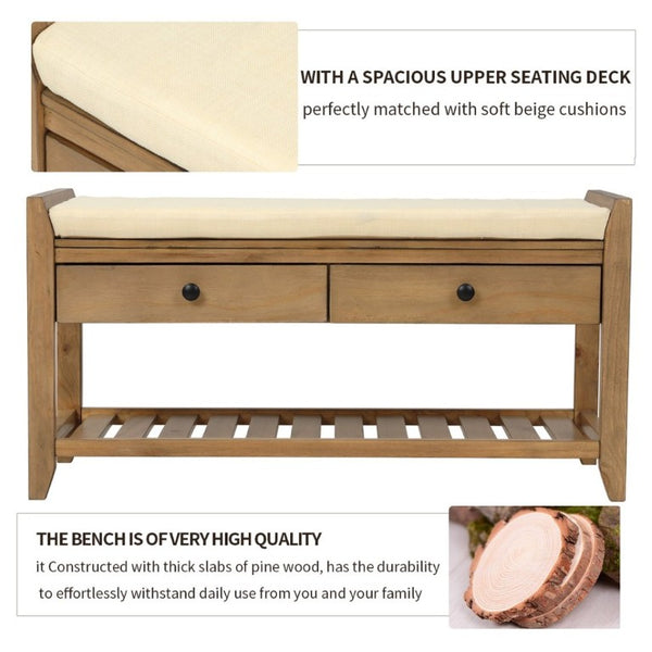 English Elm Trexm Farmhouse Pine Entryway Bench with Cushioned Seat Drawers and Shoe Rack Old Pine WF195386AAD