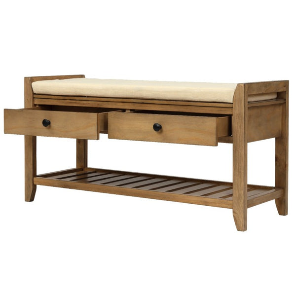 English Elm Trexm Farmhouse Pine Entryway Bench with Cushioned Seat Drawers and Shoe Rack Old Pine WF195386AAD