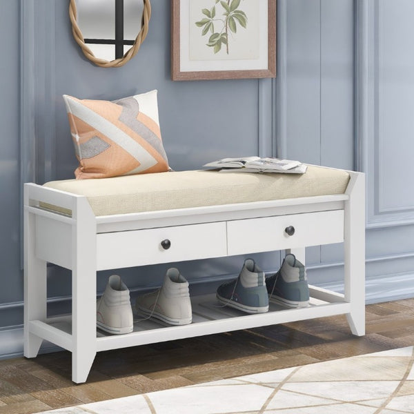 English Elm Trexm Farmhouse Pine Entryway Bench with Cushioned Seat Drawers and Shoe Rack White WF195386AAK