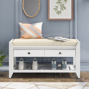 English Elm Trexm Farmhouse Pine Entryway Bench with Cushioned Seat Drawers and Shoe Rack White WF195386AAK