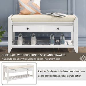 English Elm Trexm Farmhouse Pine Entryway Bench with Cushioned Seat Drawers and Shoe Rack White WF195386AAK