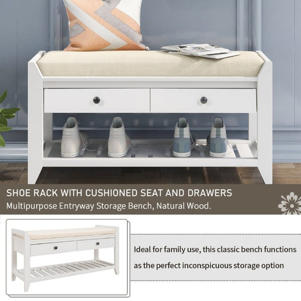 English Elm Trexm Farmhouse Pine Entryway Bench with Cushioned Seat Drawers and Shoe Rack White WF195386AAK