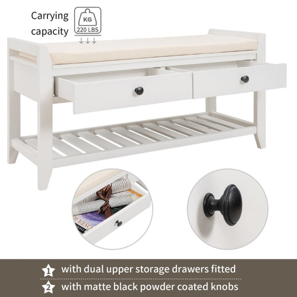 English Elm Trexm Farmhouse Pine Entryway Bench with Cushioned Seat Drawers and Shoe Rack White WF195386AAK