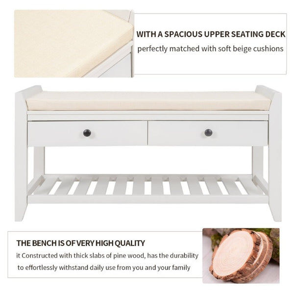 English Elm Trexm Farmhouse Pine Entryway Bench with Cushioned Seat Drawers and Shoe Rack White WF195386AAK