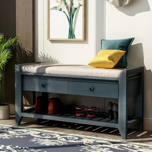 English Elm Trexm Farmhouse Pine Entryway Bench with Cushioned Seat Drawers and Shoe Rack Antique Navy WF195386AAM