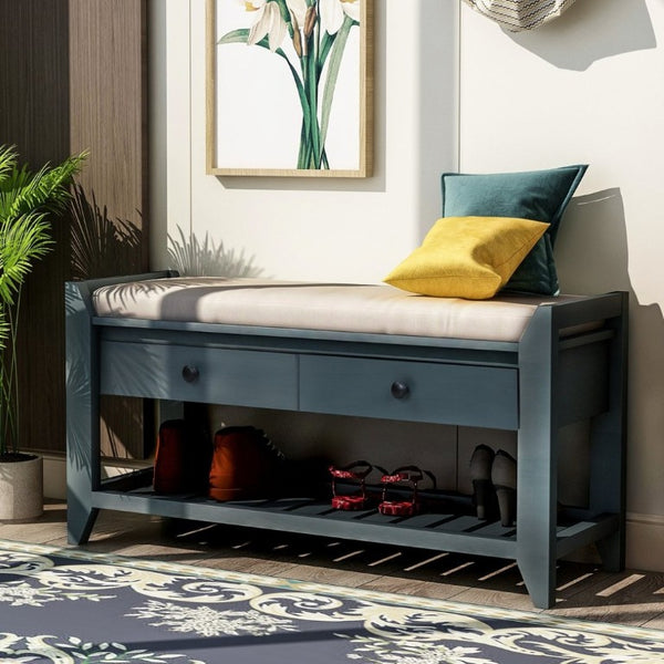 English Elm Trexm Farmhouse Pine Entryway Bench with Cushioned Seat Drawers and Shoe Rack Antique Navy WF195386AAM