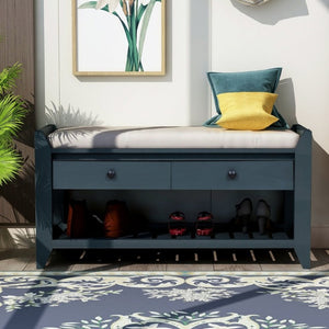 English Elm Trexm Farmhouse Pine Entryway Bench with Cushioned Seat Drawers and Shoe Rack Antique Navy WF195386AAM