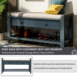 English Elm Trexm Farmhouse Pine Entryway Bench with Cushioned Seat Drawers and Shoe Rack Antique Navy WF195386AAM