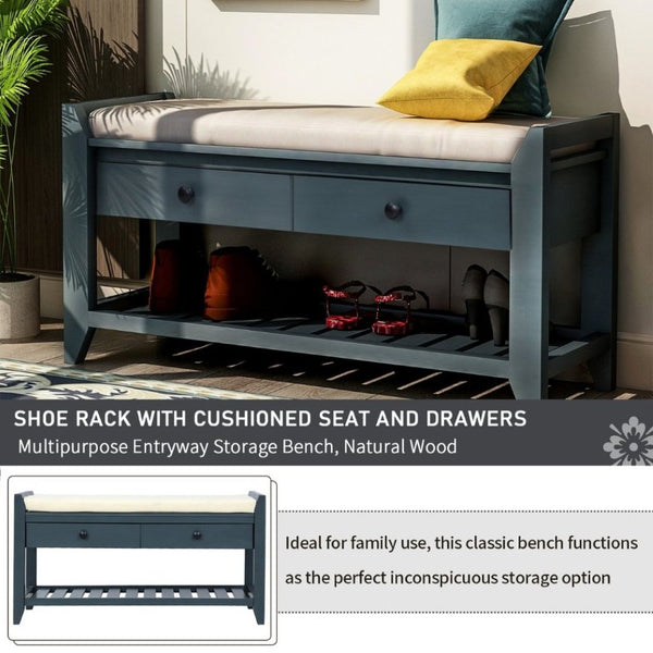 English Elm Trexm Farmhouse Pine Entryway Bench with Cushioned Seat Drawers and Shoe Rack Antique Navy WF195386AAM