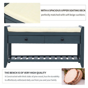 English Elm Trexm Farmhouse Pine Entryway Bench with Cushioned Seat Drawers and Shoe Rack Antique Navy WF195386AAM