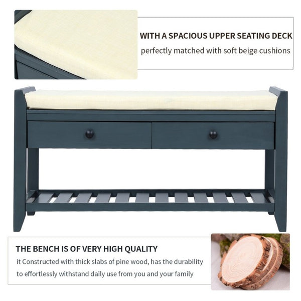 English Elm Trexm Farmhouse Pine Entryway Bench with Cushioned Seat Drawers and Shoe Rack Antique Navy WF195386AAM