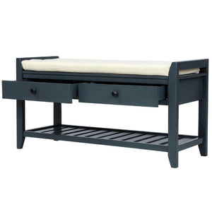 English Elm Trexm Farmhouse Pine Entryway Bench with Cushioned Seat Drawers and Shoe Rack Antique Navy WF195386AAM
