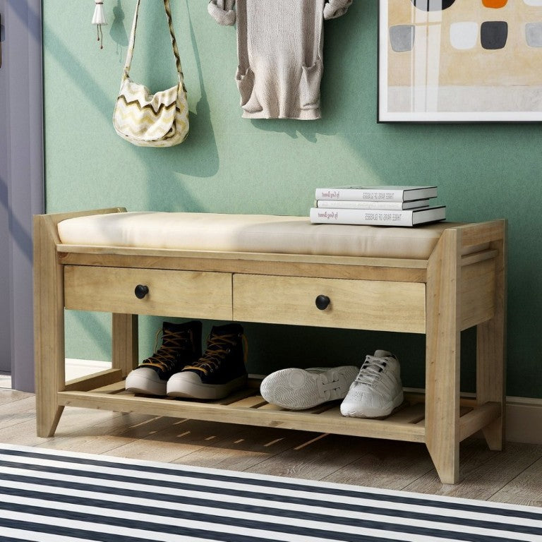 English Elm Trexm Farmhouse Pine Entryway Bench with Cushioned Seat Drawers and Shoe Rack Gray Wash WF195386AAN