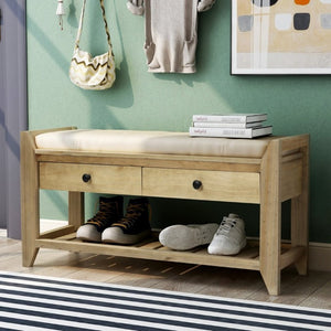 English Elm Trexm Farmhouse Pine Entryway Bench with Cushioned Seat Drawers and Shoe Rack Gray Wash WF195386AAN