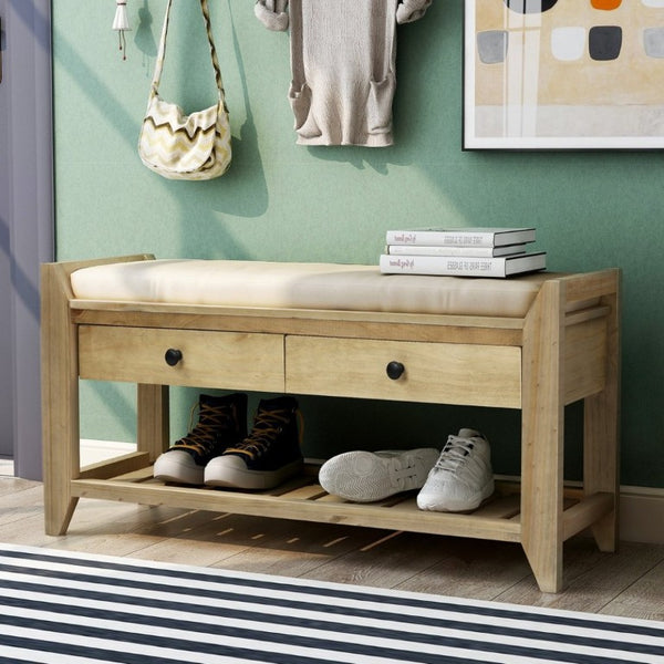 English Elm Trexm Farmhouse Pine Entryway Bench with Cushioned Seat Drawers and Shoe Rack Gray Wash WF195386AAN