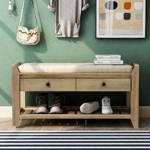 English Elm Trexm Farmhouse Pine Entryway Bench with Cushioned Seat Drawers and Shoe Rack Gray Wash WF195386AAN