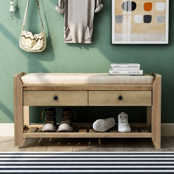 English Elm Trexm Farmhouse Pine Entryway Bench with Cushioned Seat Drawers and Shoe Rack Gray Wash WF195386AAN