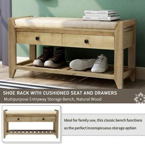English Elm Trexm Farmhouse Pine Entryway Bench with Cushioned Seat Drawers and Shoe Rack Gray Wash WF195386AAN