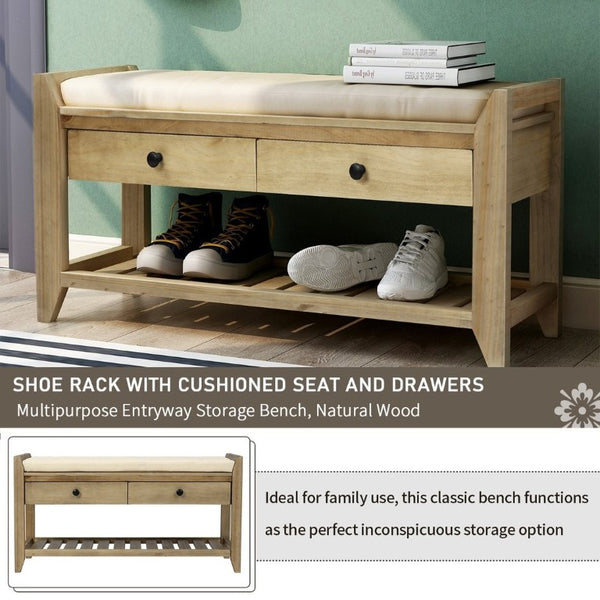 English Elm Trexm Farmhouse Pine Entryway Bench with Cushioned Seat Drawers and Shoe Rack Gray Wash WF195386AAN