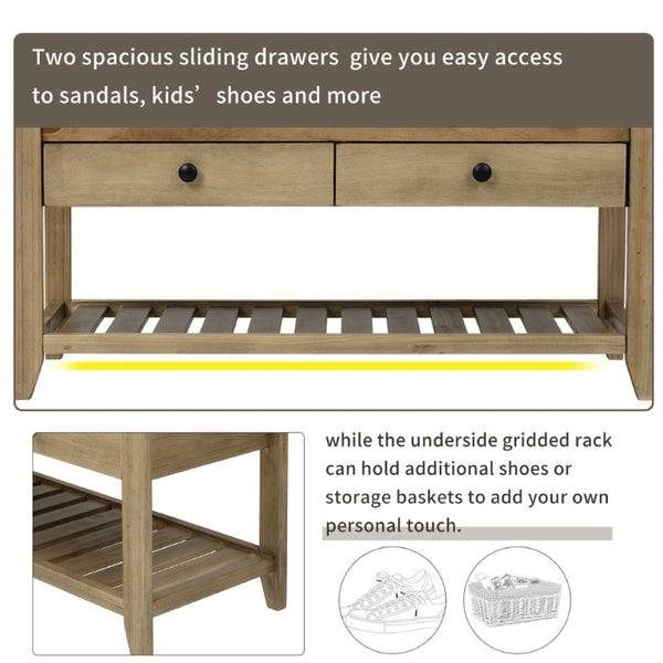 English Elm Trexm Farmhouse Pine Entryway Bench with Cushioned Seat Drawers and Shoe Rack Gray Wash WF195386AAN