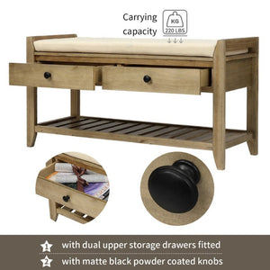 English Elm Trexm Farmhouse Pine Entryway Bench with Cushioned Seat Drawers and Shoe Rack Gray Wash WF195386AAN