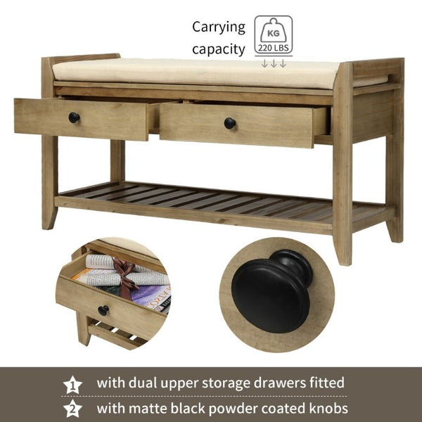 English Elm Trexm Farmhouse Pine Entryway Bench with Cushioned Seat Drawers and Shoe Rack Gray Wash WF195386AAN