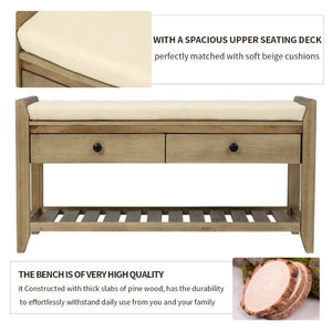 English Elm Trexm Farmhouse Pine Entryway Bench with Cushioned Seat Drawers and Shoe Rack Gray Wash WF195386AAN