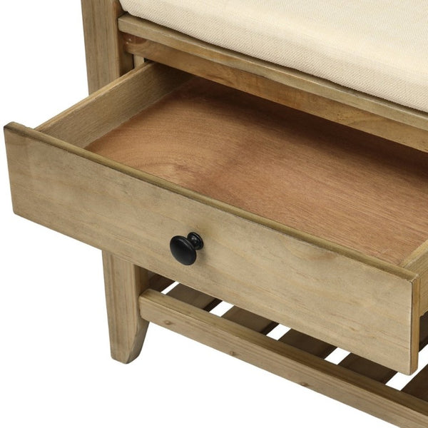 English Elm Trexm Farmhouse Pine Entryway Bench with Cushioned Seat Drawers and Shoe Rack Gray Wash WF195386AAN