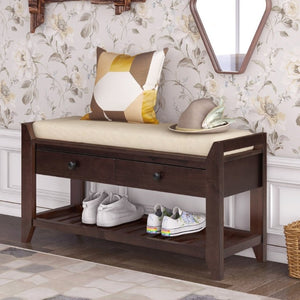 English Elm Trexm Farmhouse Pine Entryway Bench with Cushioned Seat Drawers and Shoe Rack Espresso WF195386AAP