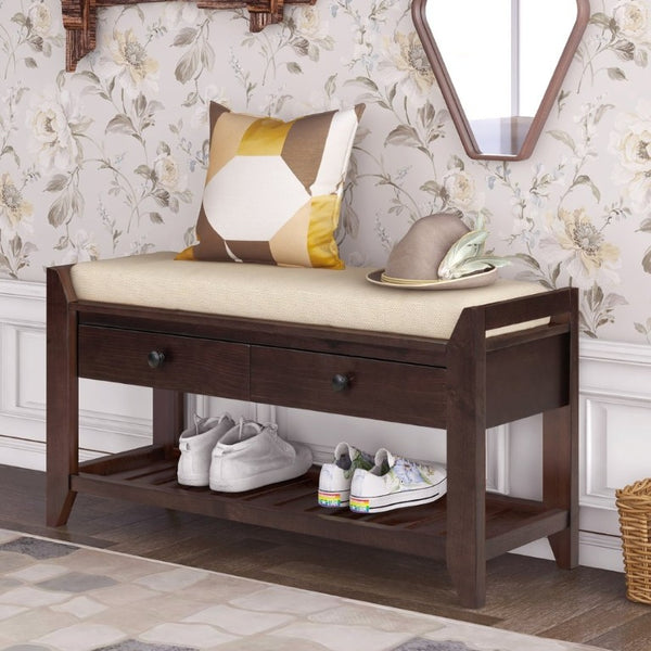 English Elm Trexm Farmhouse Pine Entryway Bench with Cushioned Seat Drawers and Shoe Rack Espresso WF195386AAP