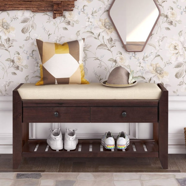 English Elm Trexm Farmhouse Pine Entryway Bench with Cushioned Seat Drawers and Shoe Rack Espresso WF195386AAP