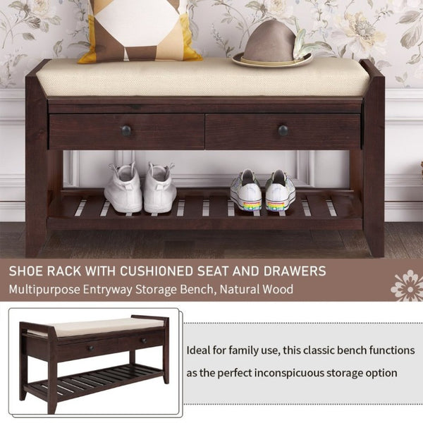 English Elm Trexm Farmhouse Pine Entryway Bench with Cushioned Seat Drawers and Shoe Rack Espresso WF195386AAP