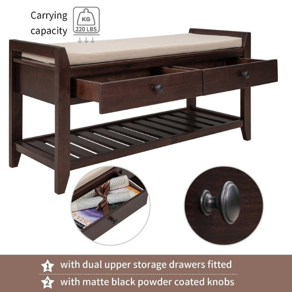 English Elm Trexm Farmhouse Pine Entryway Bench with Cushioned Seat Drawers and Shoe Rack Espresso WF195386AAP